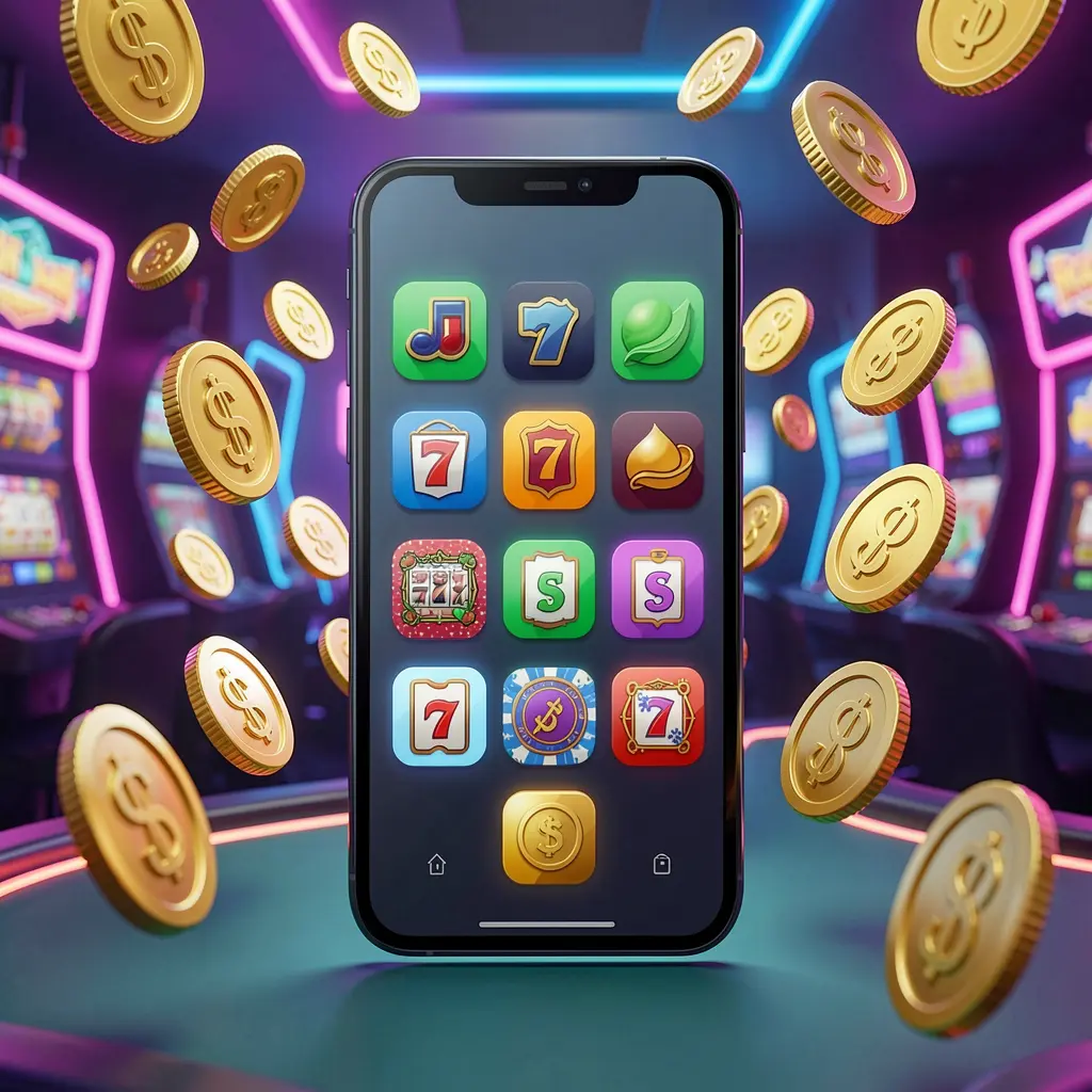 X771 Android casino app concept displayed on a modern phone with app icons, surrounded by golden coins and slot symbols floating in a neon casino atmosphere, realistic 3D render