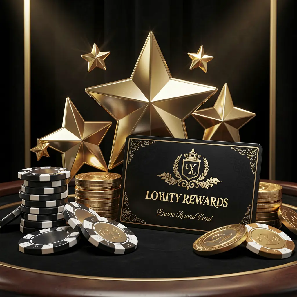 X771 loyalty rewards casino image featuring golden stars, poker chips, coins, and a luxury reward card on an elegant black and gold background in a realistic 3D render