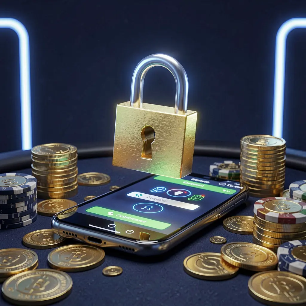 X771 casino login security image featuring a glowing padlock floating above a smartphone with golden coins and chips scattered around on a dark blue neon background in a premium realistic 3D render