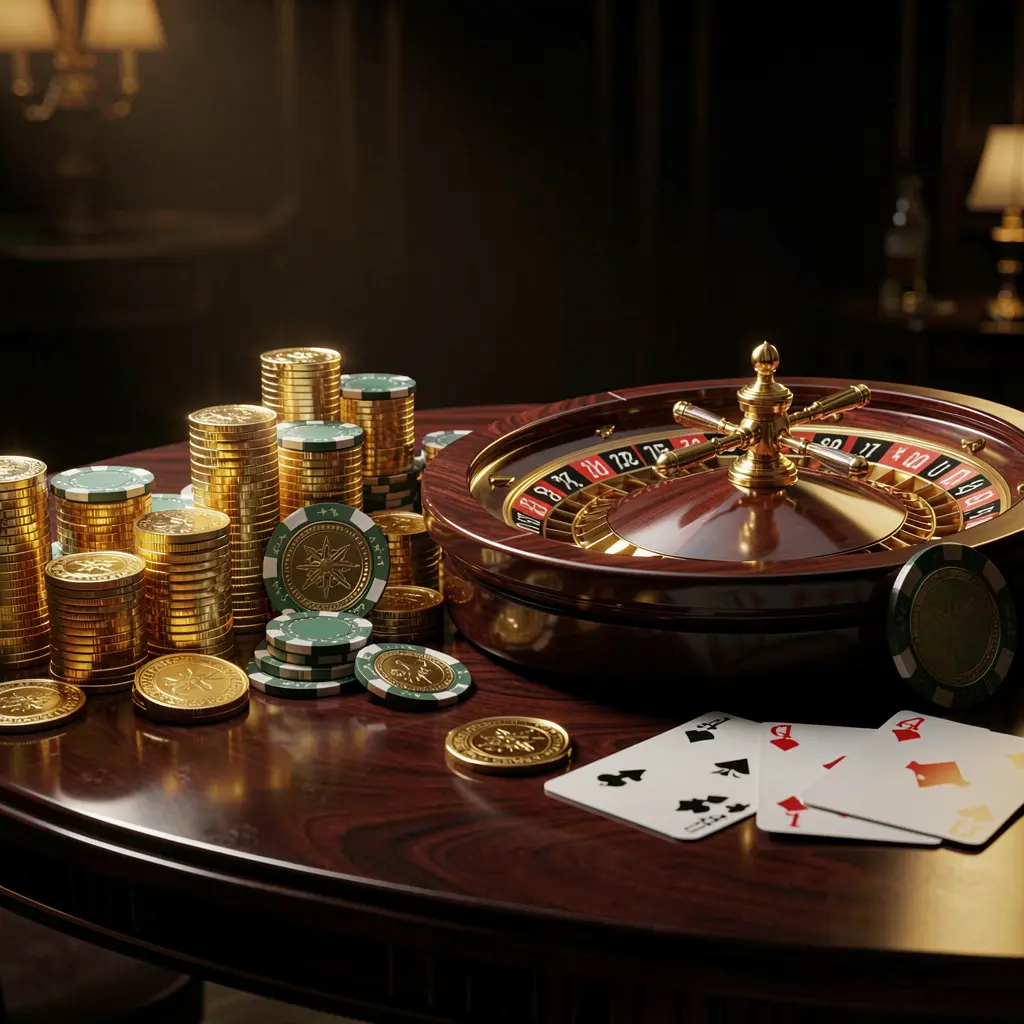 X771 premium online casino banner featuring golden coins, glowing chips, a roulette wheel, and cards on a glossy table with an elegant dark background in a high detail realistic 3D render